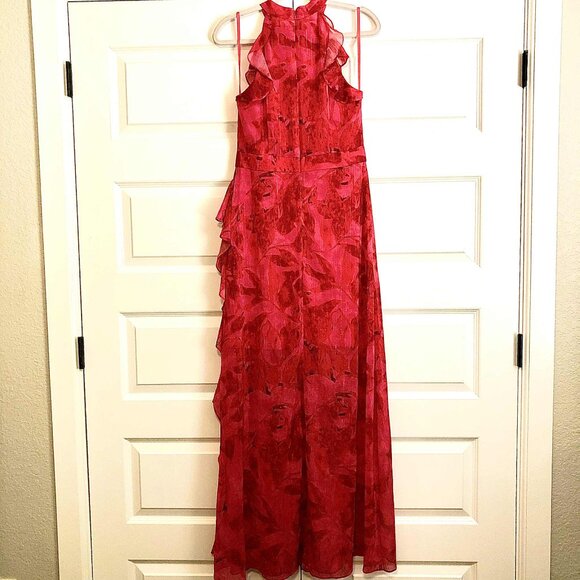 NWT AQUA Ruffle Chiffon Floral Maxi Formal Gown Fushia/Poppy 4 MSRP $258.00 - Picture 9 of 10